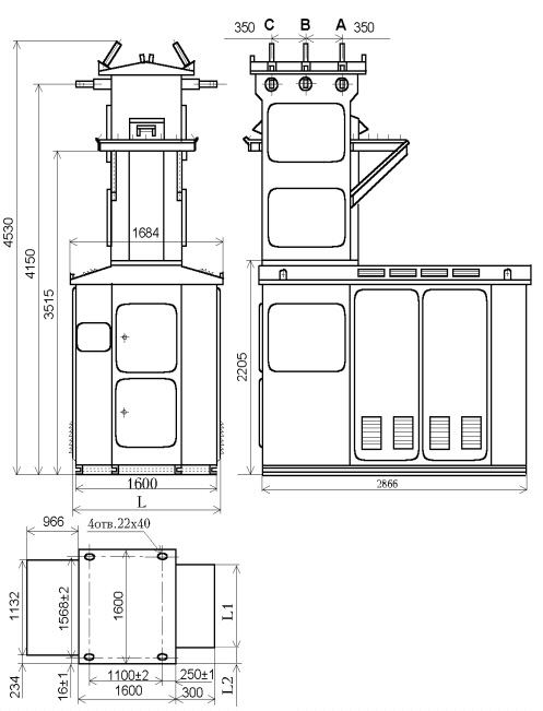 Рисунок А.2 - Габаритные, установочные, присоединительные размеры и масса КТП с проходной схемой на стороне ВН